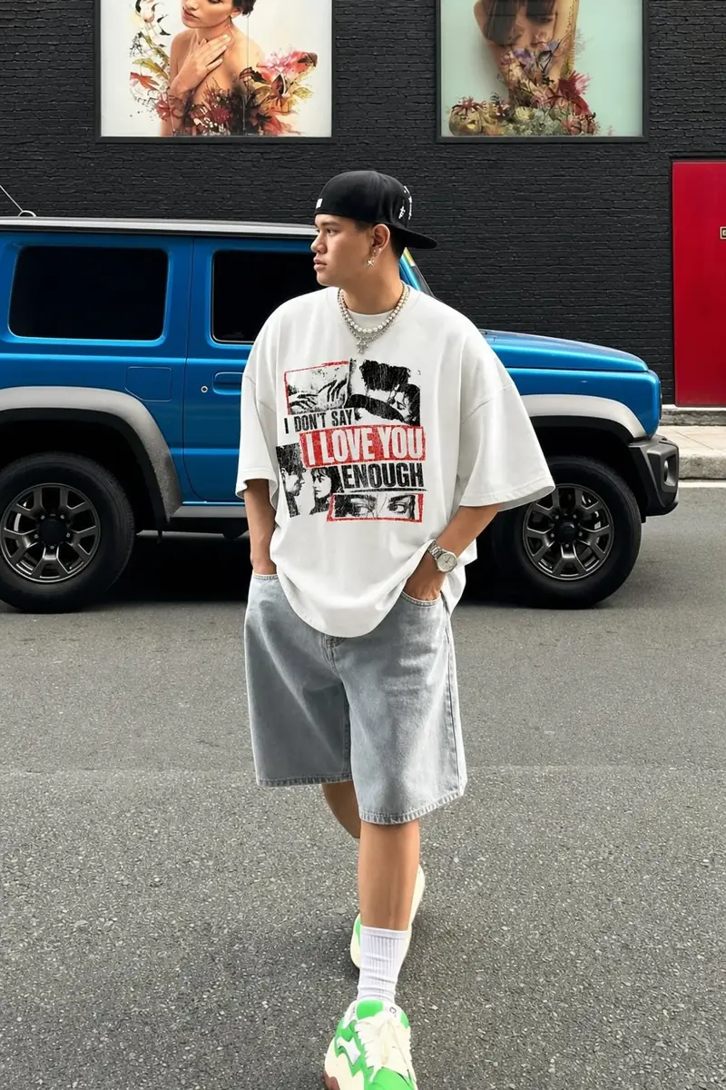 Model wearing the 'I love you' graphic tee
