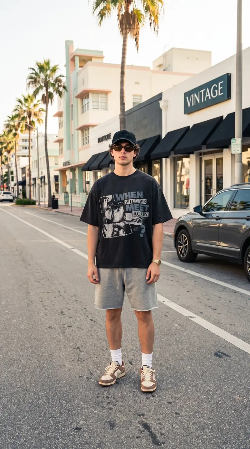 Model wearing the 'When will we meet again' graphic tee